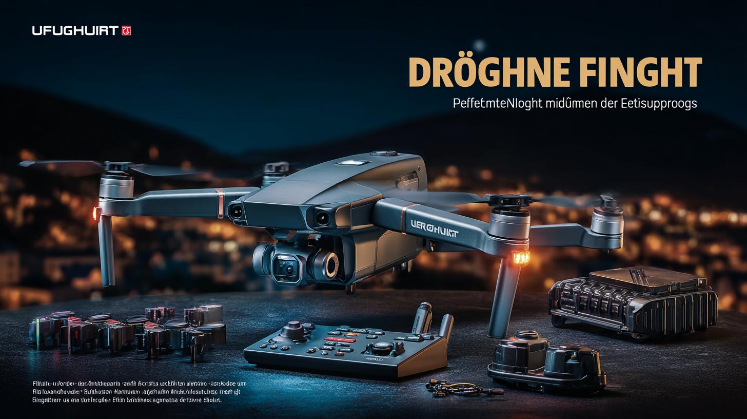 Drohne bei Nachtflug über beleuchteter Stadt mit aktiven Positionslichtern