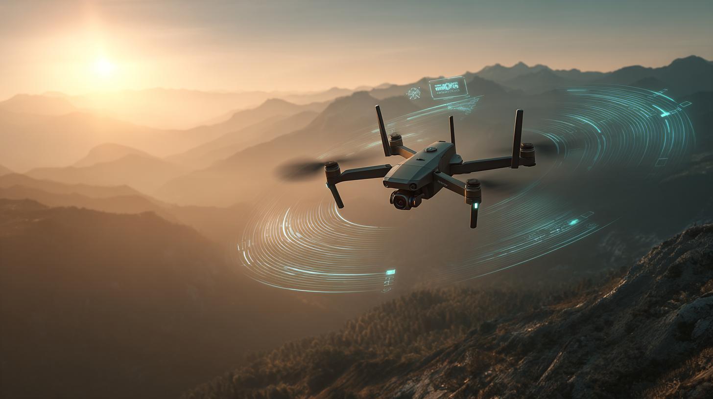 Drohne fliegt in großer Entfernung über eine weite Landschaft