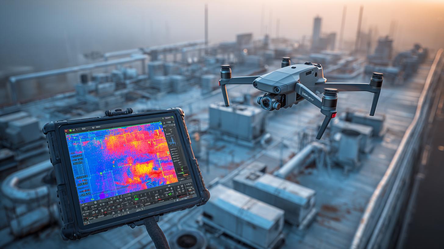Thermal-Drohne mit Wärmebildkamera über einem Gebäude